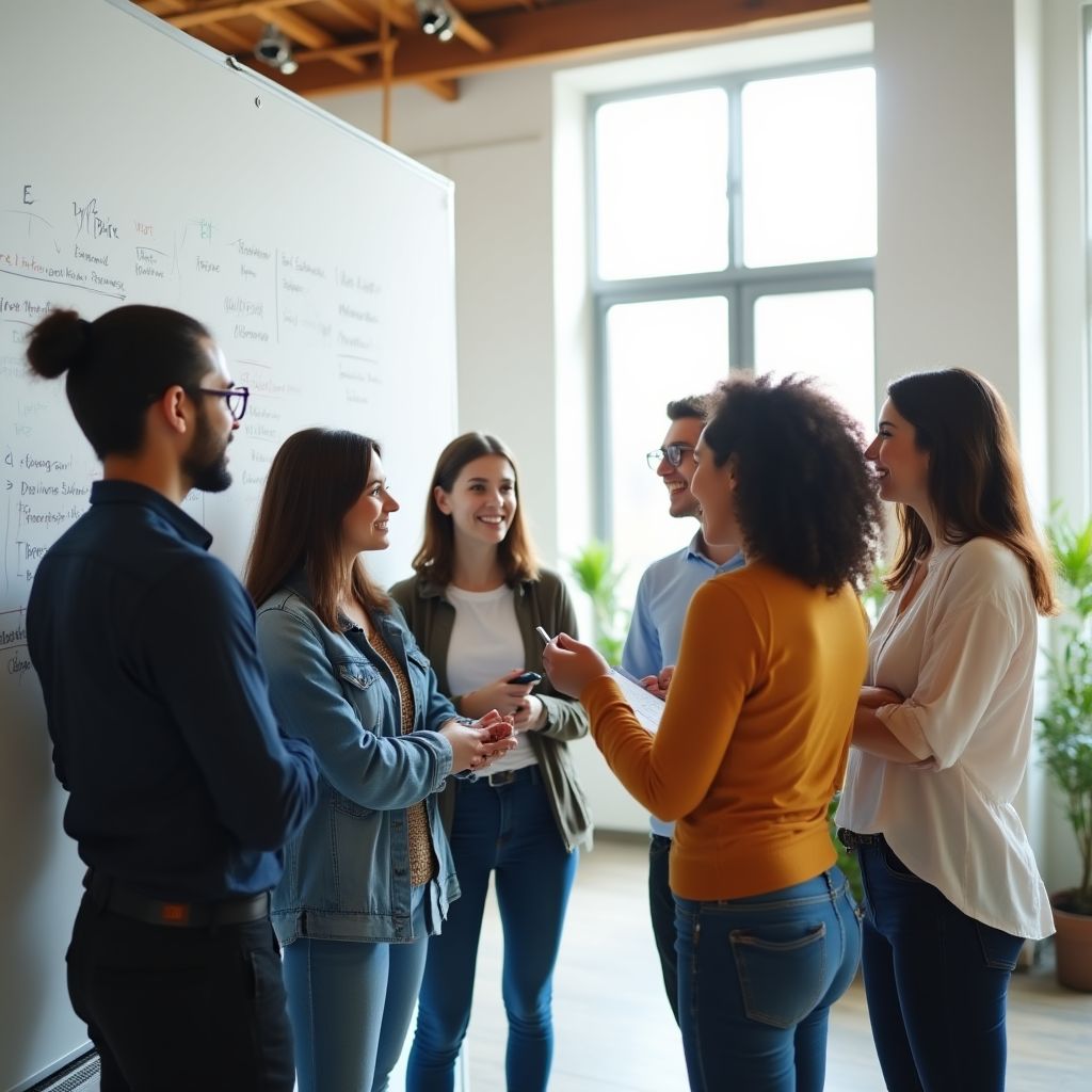 Equipo colaborando en una oficina moderna y luminosa